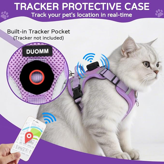 Cat Harness and Leash Set with Holder Compatible with AirTag, Upgraded Escape Proof Adjustable Vest Lead for Large Cat Small Dog Walking, Soft Breathable Mesh Jacket with Reflective Strips, Purple, L