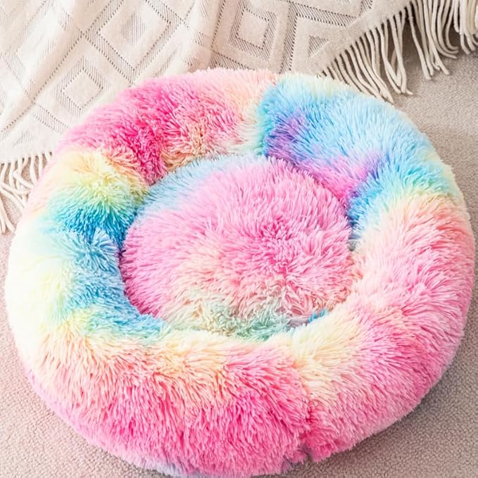 Cat Beds for Indoor Cats Donut Dog Bed for Puppies Plush Soft Kitten Beds for Indoors Kittens Fluffy Faux Fur Rabbit Pillow Non Skid Base Indoor Kitten Bed Within 2.5KG