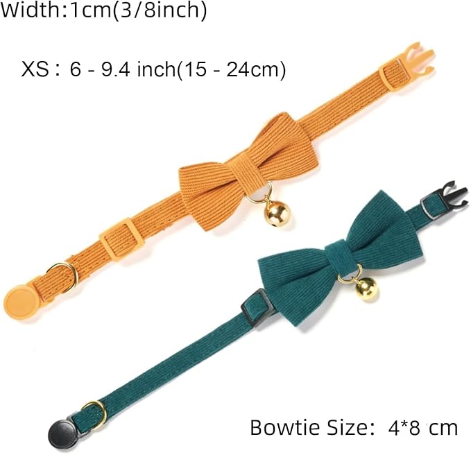 2 Pack Soft Corduroy Cat Collars with Bow Tie & Bell Adjustable Breakaway Bowtie Kitten Collar for Girl Boy Kittens(Orange & Dark Green)