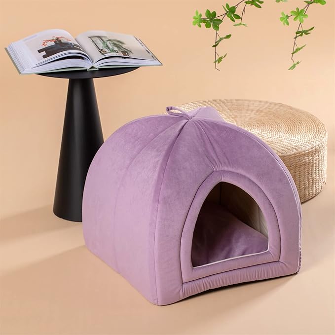KASENTEX Cat Bed for Indoor Cats, 2-in-1 Cat House Pet Supplies for Kitten and Small Cat or Dog - Animal Cave, Cat Tent with Removable Washable Pillow Cushion (Purple 15x15x15)