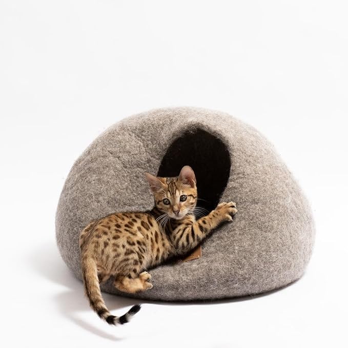 Best Aesthetic Cat Bed - Premium Felted Wool Cat Cave Bed - Cozy Peekaboo Round Cave for Large or Small Cats (Small, Earth Brown)