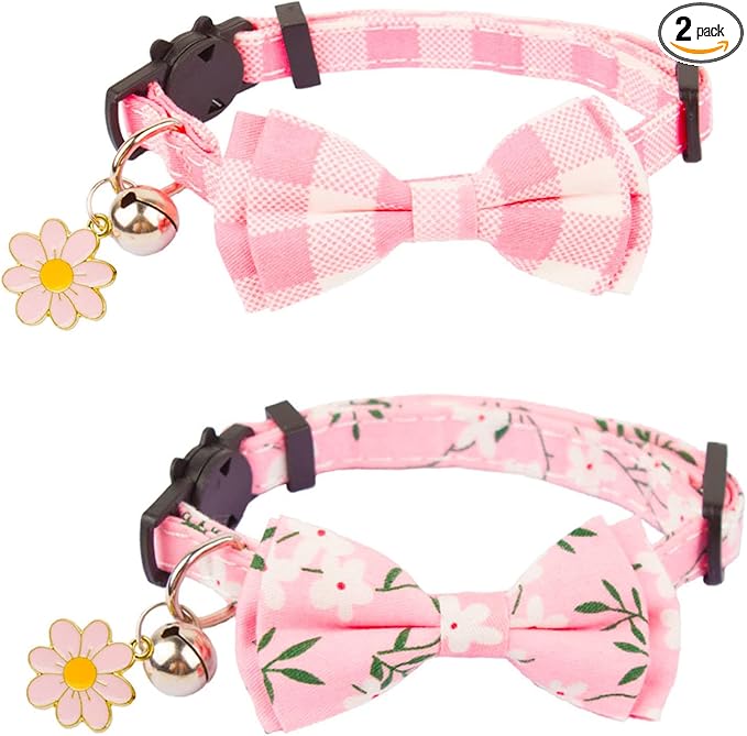 PTDECOR Pink Cat Collar Breakaway with Cute Bow Tie Bell Charm, Plaid Flower Cat Bowtie Collars for Cats Kittens (Pink)