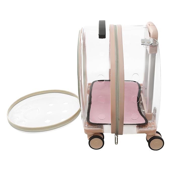 Pet Carrier with Wheels, Transparent Hard Breathable Pet Carrier with Ventilation Holes Telescopic Handle Multiple Carrying Strollers for Cats Dogs (Pink)