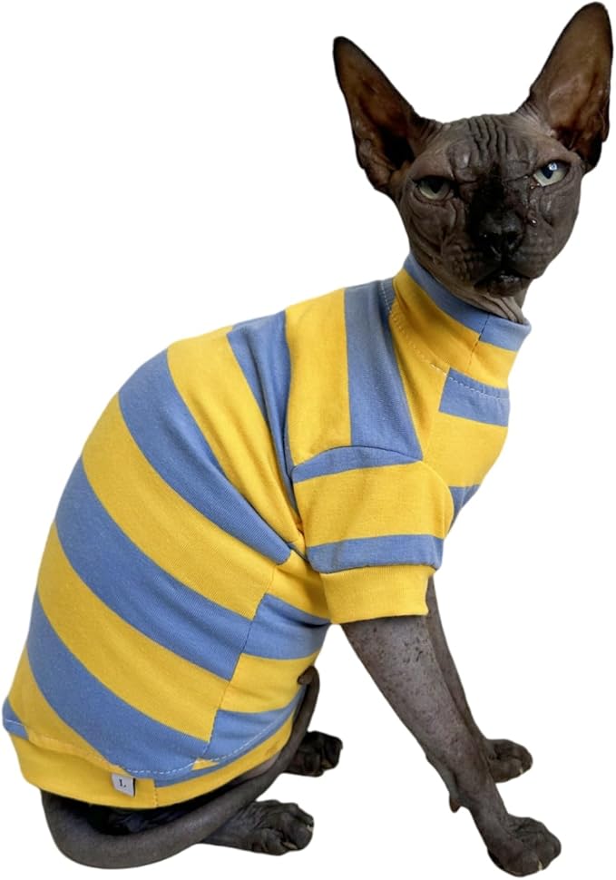 Sphynx Cat Clothes Shirts for Hairless Cat, Wide Stripe Cats Apparel, Kitten Summer Cotton T-Shirts with Sleeves for Cornish Rex, Devon Rex, Peterbald (Blue & Yellow, Small)
