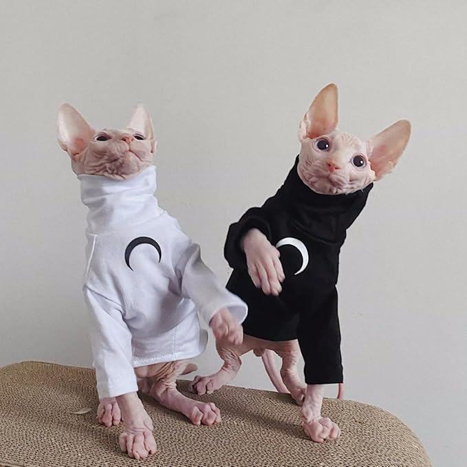 Sphynx Cat Clothes, Moon Print Turtleneck Cotton T-Shirt for Devon Rex Sphynx Cats (Black Long Sleeve, XX-Large)