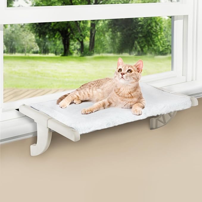Zoratoo Window Sill Mount Cat Perch for Indoor Cats, One-Step Sliding Clamping Slot Adjustment Cat Hammock with Washable Cover, No Suction Cups Pet Bed for Windowsill & Bedside (Medium)