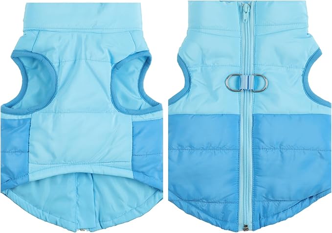 Winter Dog Coat with Leash Ring, Warm Jackets Puppy Cold Weather Coats Pet Clothes Cat Outfits for Small Dogs (Blue+Dark Blue, Medium)