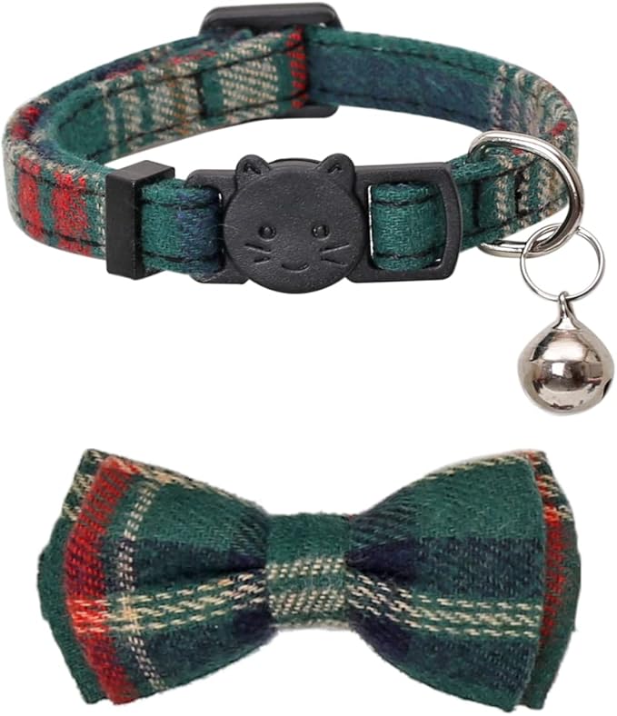 Christmas Cat Collar Breakaway with Cute Removable Bow Tie and Bell for Kitty Adjustable Safety Plaid
