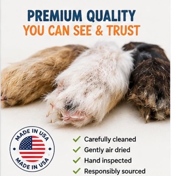 Rabbit Front Feet for Dogs – Natural Fur-On Rabbit Dog Treats, Gently Air Dried Single Ingredient Chews, High Protein Raw Feeding Snack for Small & Medium Dogs – 24 Count