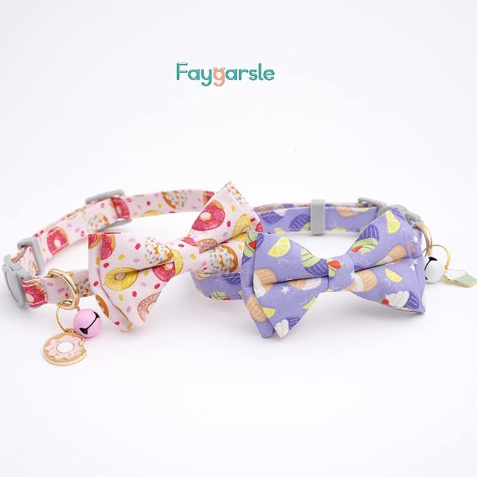 Faygarsle 2 Pack Cute Cats Collar with Bell Breakaway Bowtie Cat Collars for Male Female Cat Soft Fancy Pink Purple Cat Collar with Ice Cream Doughnuts Pattern Summer Cat Collar for Boy Girl Cats