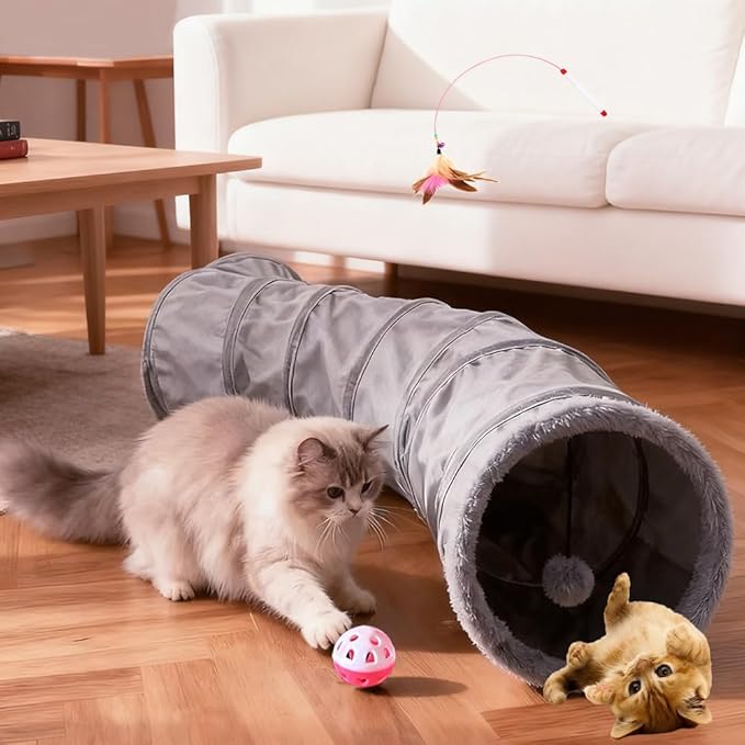 Cat Tunnel Tube Toy Collapsible 2 Way Grey Fleece, Pet Tunnels for Indoor Cats, Long Tubes for Puppy, Kitty, Kitten, Rabbit for Playtime & Exercise with Interactive Ball and Wand Toys Kit