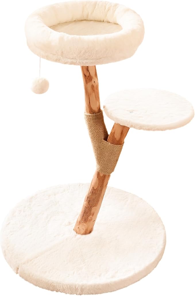 【2026 Upgraded】 YOCAN Modern Cat Tree Tower for Indoor Cats, 2-Tier Cat Furniture with Natural Wood Posts, Soft Plush Bed, Scratching Post & Hanging Ball Toy, Stylish Cat Climbing Tower
