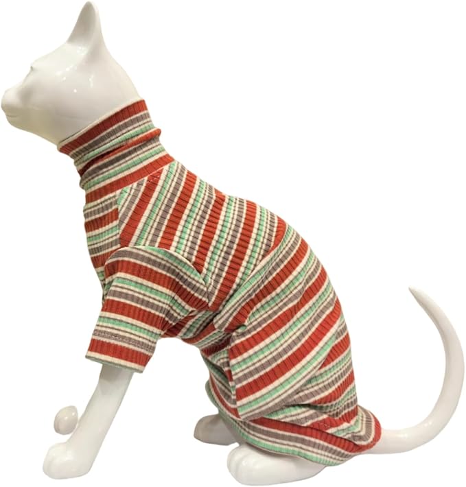 Turtle Neck Vintage Stripes Sphynx Hairless Cat Cotton T-Shirts Pet Clothes Vest Kitten Shirts Sleeveless, Cats & Small Dogs Apparel (Autumn, XXL (13-16 lbs))