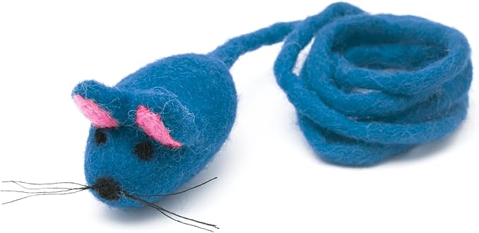 Glaciart One Felt Mouse Cat Toy – Soft Fuzzy Enrichment 100% Natural Wool - Interactive Catnip Play Cat Toy Set - Safe for Pets, Non-AZO Colored Dyes - 42” Long