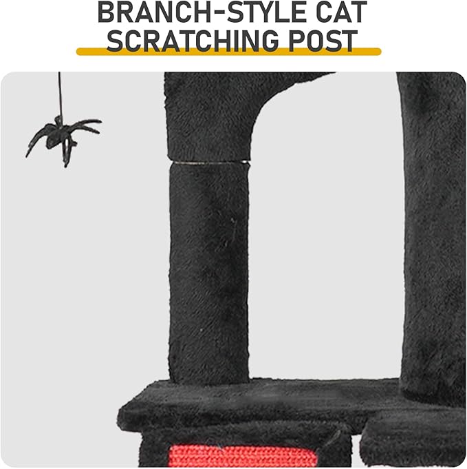 42" Gothic Cat Tree with Cat Condo for Indoor Cats, Halloween Cat Tower with Branch Shaped Scratching Post, Scratching Ladder & Spider Toy - Red & Black Themed Cat Furniture for Large Cats