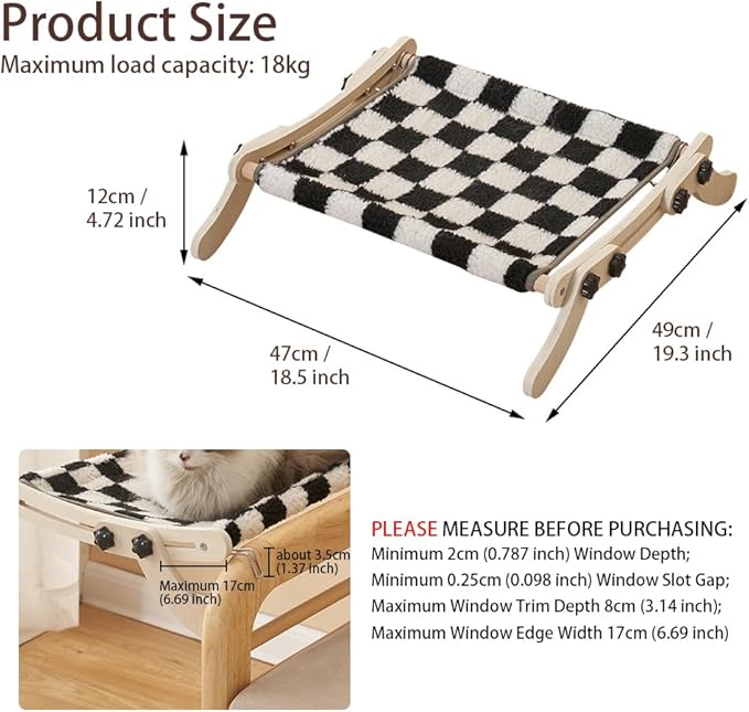 Cat Window Perch, No Screws Easy to Adjust & Assemble, Adjust Wooden Seat for Kitten Bedside Windowsill, Wooden Cats Furniture