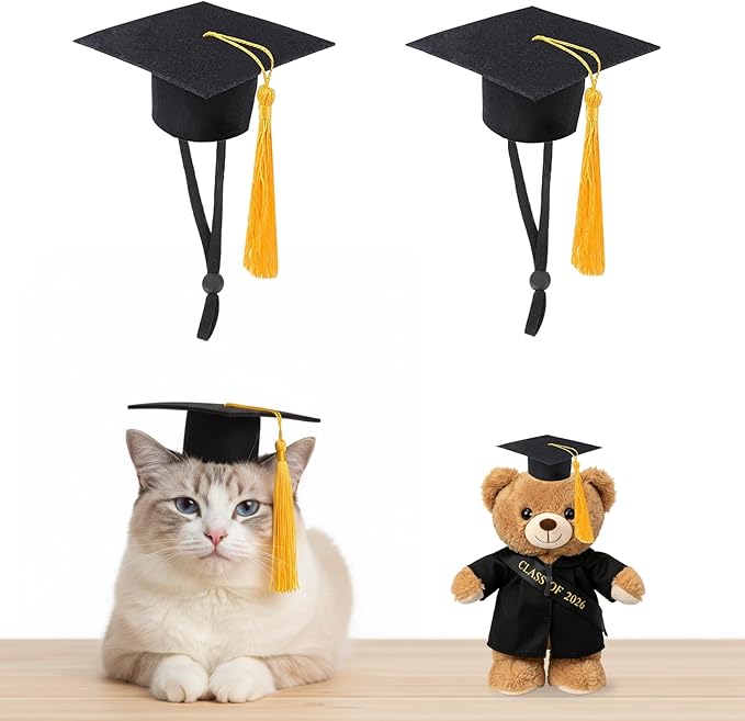 Mini Graduation Caps with Gold Tassel, 2 Pack Black Mini Graduation Caps, Small Animal Bachelor Hats for Adjustable Pet Graduation Photo Props Cat Dog Holiday Costume Accessories