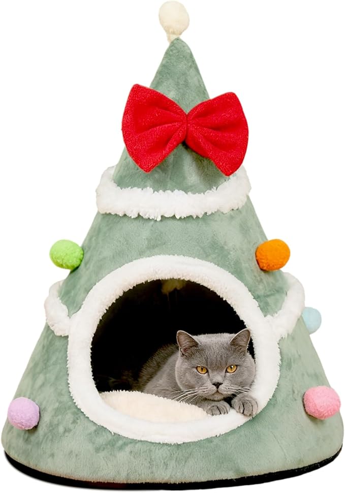 Christmas Cat House - Velvet Pet Tree House Nest, Warm Winter Sleeping Bag, Washable Furniture, Small Medium Large Breeds | Suitable for Bedroom Balcony Living Room Playing Resting Napping