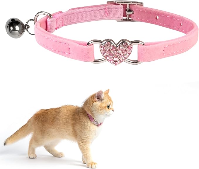 Valentine's Day Heart Bling Pink Cat Collar with Safety Belt and Bell, 3/8" Width Cute Adjustable Collar for Small Dogs and Kitten Cats, S
