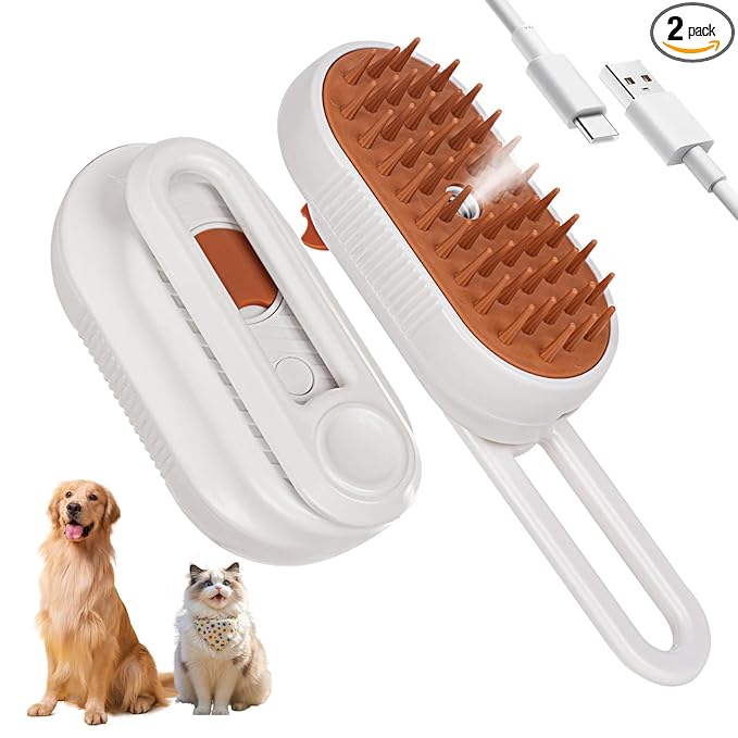 LINFOX 2-Pack Cat Steam Brush, 4-in-1 Pet Steaming Grooming Brush for Cats & Dogs, Rechargeable Anti-Static Comb for Cleaning, Massage & Shedding Control