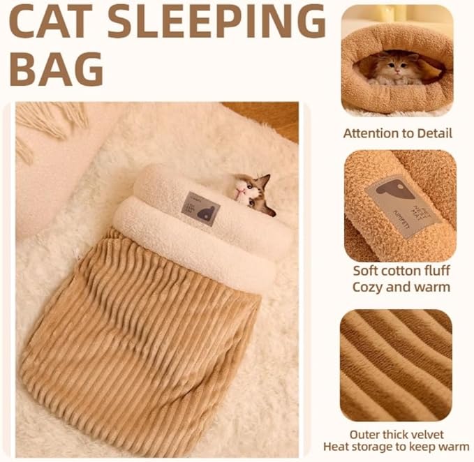 Winter Warming Cat Sleeping Bag，Soft Plush Sleeping Bag for Indoor Cats，Cozy Pet Nest for Cats and Dogs, Portable Calming Pet Nests，Cat Cave Bed Self Warming Bed, Pet Hideway (Large,B-Brown)