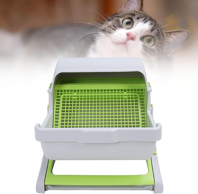 Self Cleaning Cat Litter Box Enclosure Semi Automatic, PP Plastic Easy Assembly Tipping Bucket Style Large Kitty Litter Box for Indoor Cats
