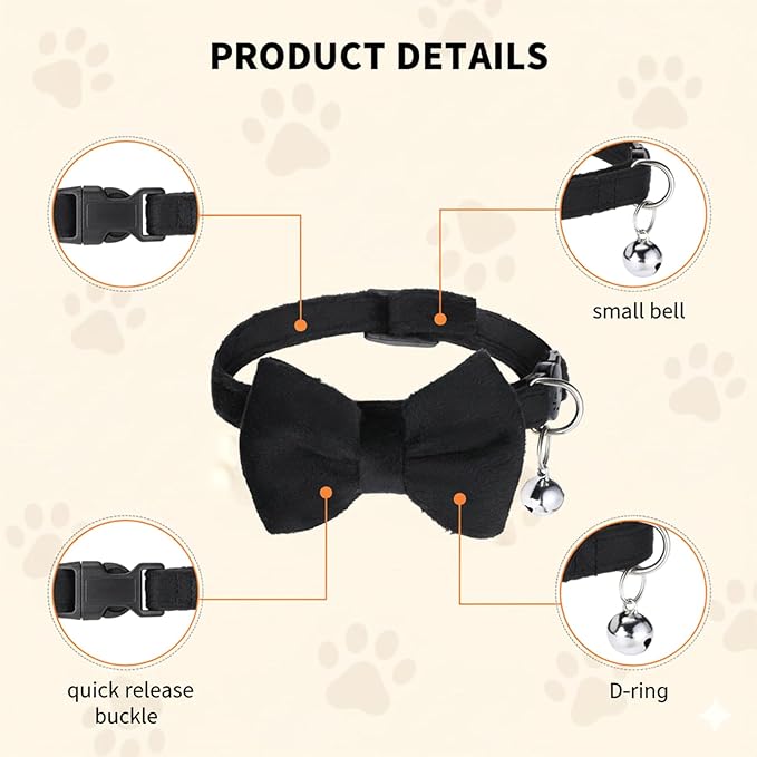 Cat Collar Breakaway with Bow, Adjustable 7-11 Inches Cat Bow Tie, Bowtie Dog Collar with Bells, Safety Buckle Collars Solid Basic Color for Small Pet Kitten Puppy Wedding Party Festival Accessories