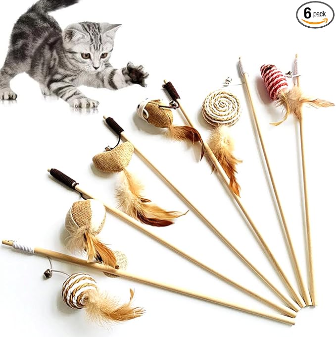 Artshu 6pcs 40cm Feather Linen Wand Cat Catcher Teaser Stick Interactive Toys Wood Rod Mouse Toy with Mini Bell