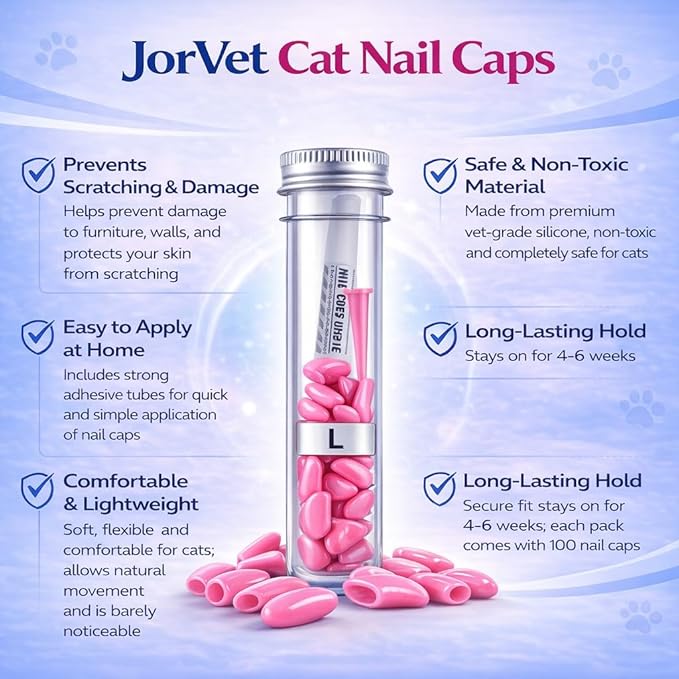 JorVet Cat Nail Caps (100pcs) | Soft Claw Covers for Indoor Cats to Stop Scratching and Protect Furniture | Easy to Apply, Safe, Non-Toxic with Durable and Comfortable Quality | Large | Pink