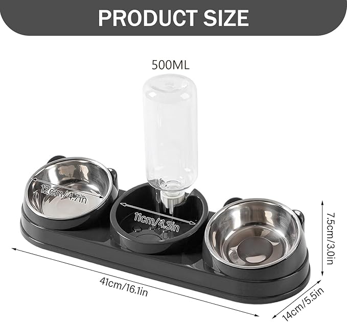 Cat Food and Water Bowl Set, 3 Bowl Cat Feeding Station with Automatic Water Dispenser, Elevated Tilted Bowls for Easy Eating, Black