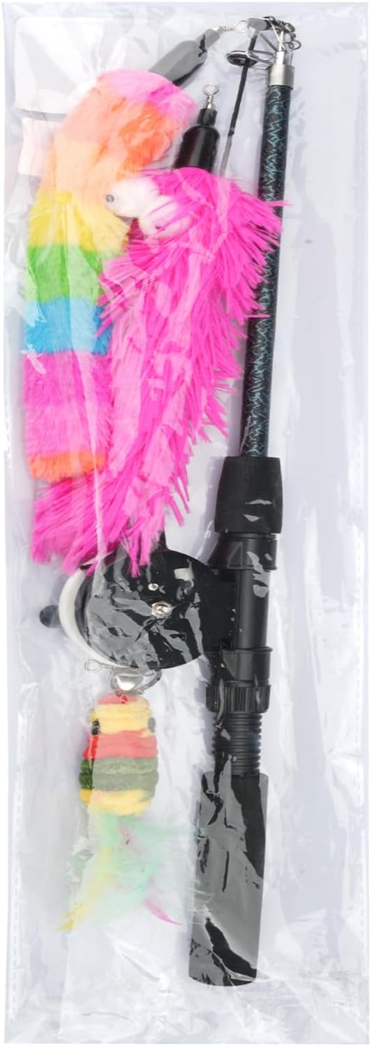 Pawaboo Cat Teaser Wand Toys, Cat Fishing Pole Toy with 3 Pack Feather Refills, 3-section Retractable Kitten Feather Toys with Pulley, Indoor Cats Teaser Catcher Exerciser with Bell,Rainbow + Rose Red