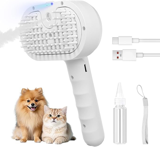 REIKIYA Cat Steam Brush,4-in-1 Spray Hair Removal Dog Brush for Shedding & Grooming with UV Light, Anti-Static Pet Spray Comb with One-Click Release Button
