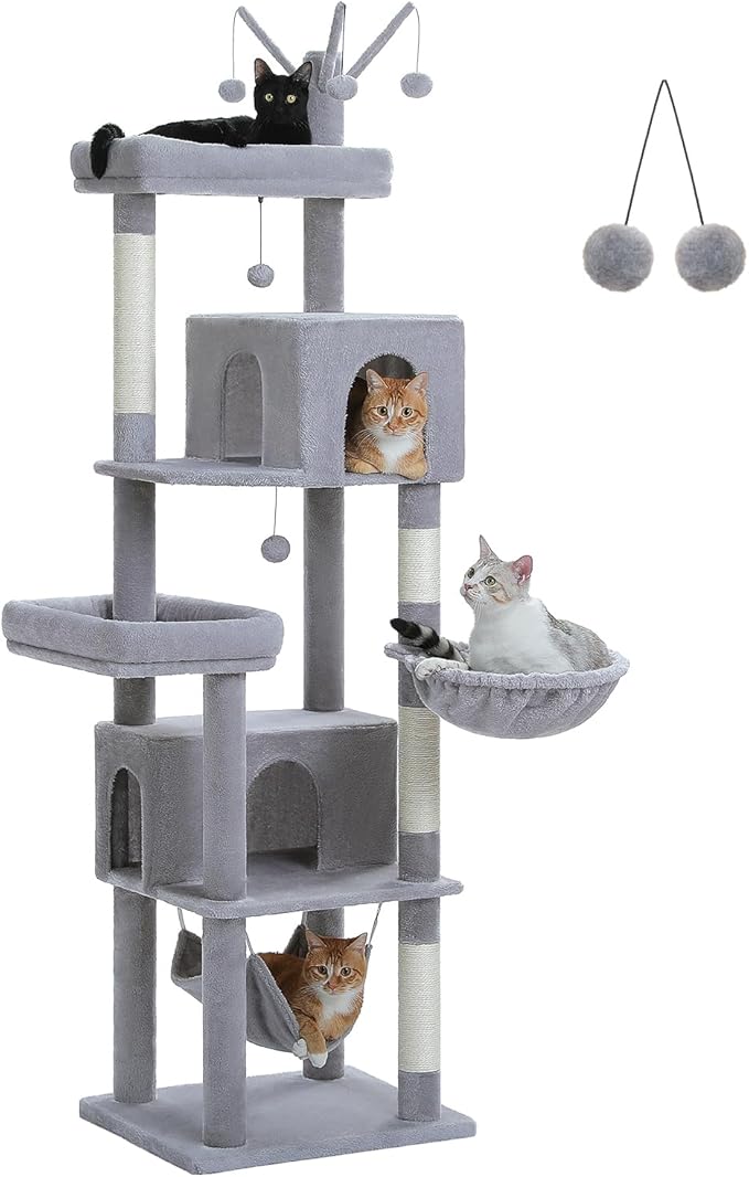 74.8" Extra Tall Cat Tree with Anti-Toppling Kit, Stable Multi-Level Cat Tower with Dual Condos, Sisal Scratching Posts & Deep Hammock, Large Cat Furniture for Multi-Cat Household, Grey