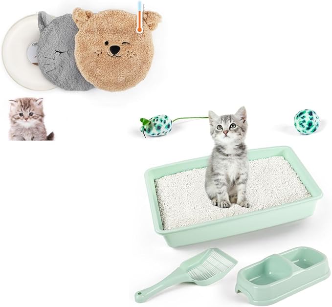 Green Cat Litter Box Set, Small Cat Kitten Starter Kit with Litter Scoop, Cat Bowl, Kittens Toy; Heated Cat Bed Indoor, Microwavable Heating Pads for Cats with 2 Cozy Covers