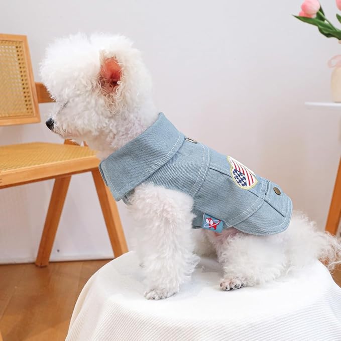 4th of July Dog Denim Vest, Patriotic Dog Outfit with American Flag Patch, Puppy Jacket with D-Ring, Lightweight Clothes for Small Dogs(XS)