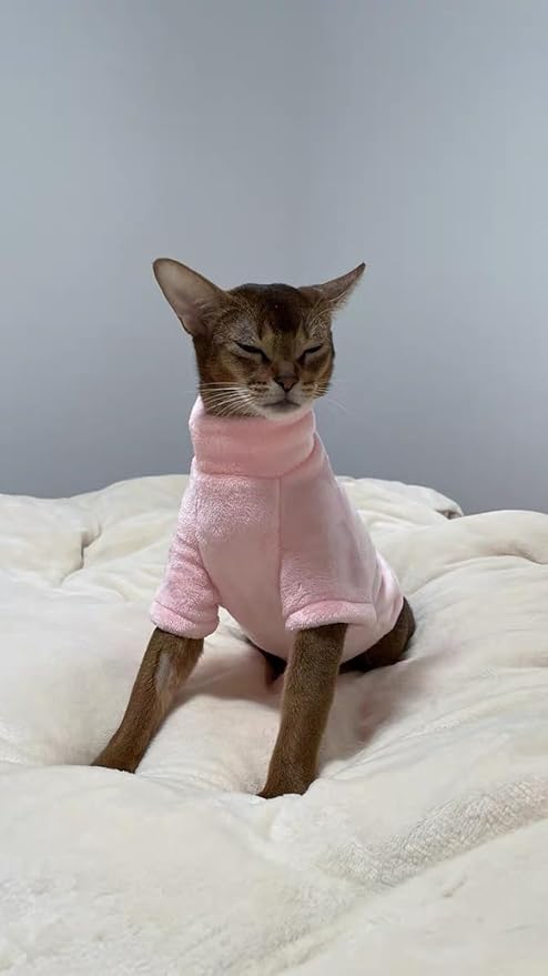Sphynx Cat Clothes Winter Turtleneck Soft Coral Fleece Cat Clothes Thicken Warm Pajamas Coat for Hairless Cats and Small Cat Apparel with Sleeves (Light Pink, M（3.8-6lbs）)