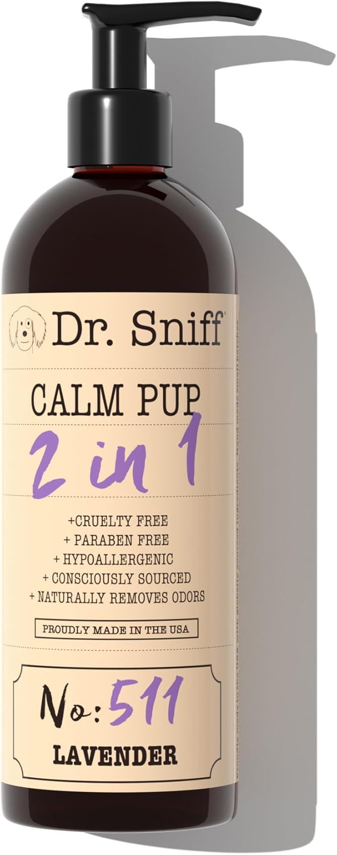 Dr. Sniff 2-in-1 Dog Shampoo & Conditioner, Calm Pup Scent, Soothing Lavender Fragrance, Gentle Grooming Formula for Dogs & Cats, Long-Lasting Fragrance, Made in USA, 16 oz