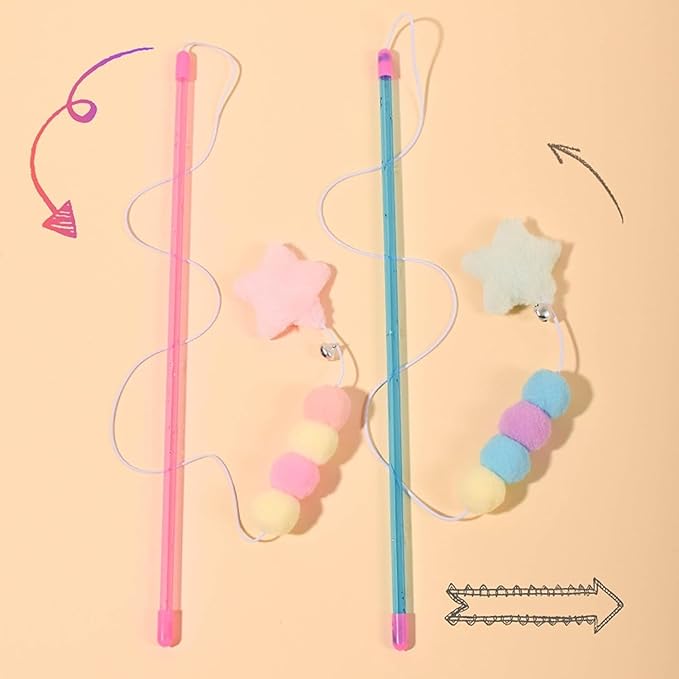 BWESOO Pink Cat Stick Toy Elastic Rope Plush Ball Star Pendant Bite-Resistant Comfortable Grip Relieve Boredom Handmade Kitten Teaser Wand Cat Mice and Animals Toys