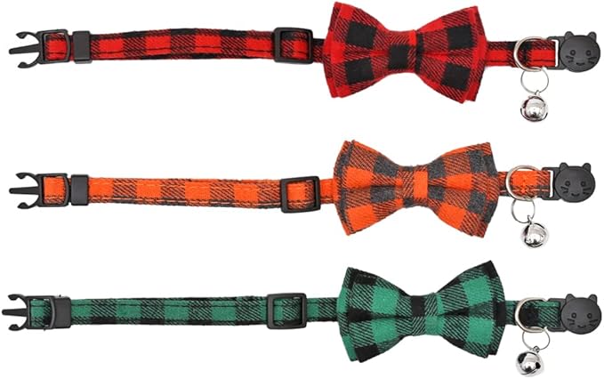 Christmas Cat Collar Halloween Thanksgiving Day Fall Breakaway with Cute Bow Tie and Bell for Kitty Adjustable Safety Plaid