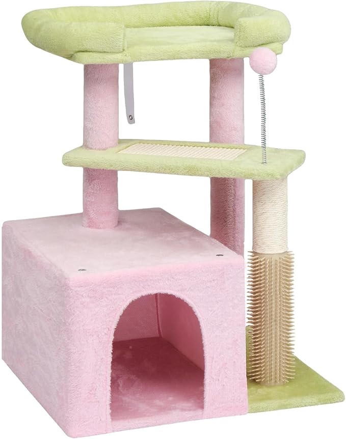 Cat Tree, Carpet Cat Tower for Indoors Cats, Cute Wood Kitty Condo with Scratching Post and Pad, Multi-Level Modern Activity Climbing Furniture for Small and Medium Cats (Pink)