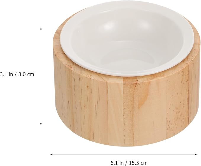 NUOBESTY Elevated Ceramic Cat Bowl with Wood Stand Anti-Vomiting Raised Pet Feeder Dish Round Single Bowl for Cat Feeding and Watering Spine Protection