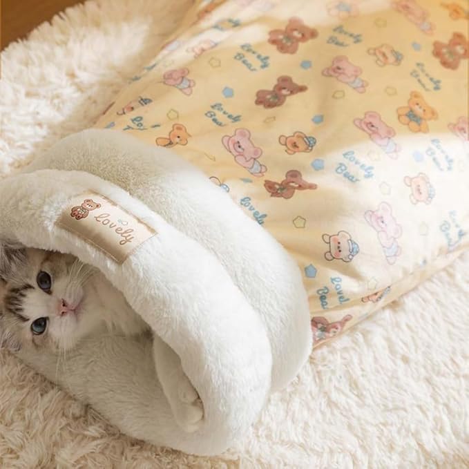 Winter Warming Cat Sleeping Bag，Soft Plush Sleeping Bag for Indoor Cats，Cozy Pet Nest for Cats and Dogs, Portable Calming Pet Nests，Cat Cave Bed Self Warming Bed (Brown+Yellow, Medium（18 *15.5 in）)