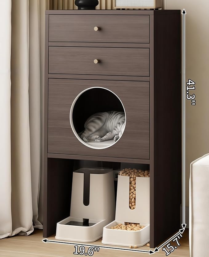 Multi-Function Cat House Furniture, Solid Wood Cat Condo with Storage Drawer, Pet Bed & Feeding Area, Compact Cat Cabinet (Oak,19.6" L*15.7" W*41.3" H)