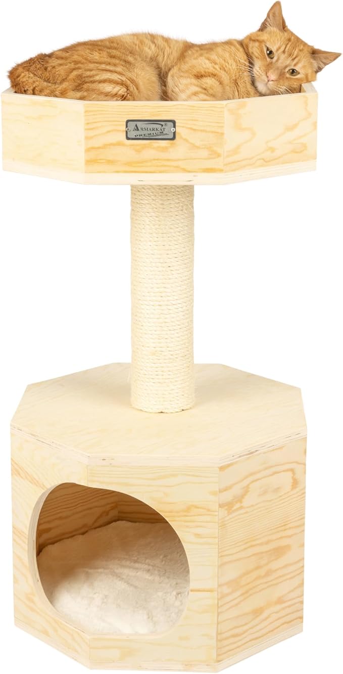Armarkat Solid Wood Sturdy Cat Tree Condo House Furniture with Cushion S2906, Tan, 2 Levels