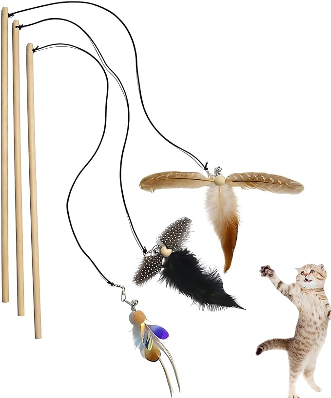 IUHKBH Cat Wand Toy, 3 Pack Feather Sticks with Bell Wooden Handle Interactive Teaser Toys for Indoor Cats Kittens Boredom Relief Exercise