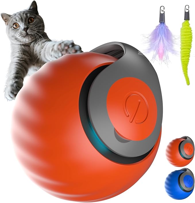 Interactive Cat Ball for Indoor Cats - Dual-Speed Automatic Rolling Ball Toy with 90Min Run Time, Plush + Feather Tails, Energetic Cat Chase Exercise, Blue/Orange, 1PC