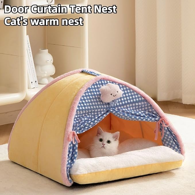 Cat House, Cat Beds for Indoor Cats, Cat Tent with Curtain Design for Winter, Cat Bed with Removable and Washable Cushion (Medium)