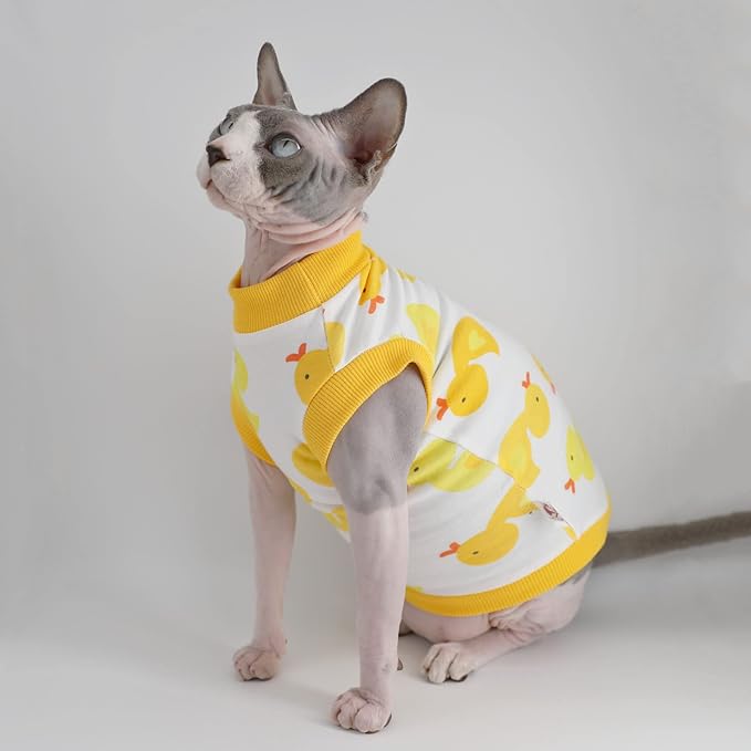 Sphynx Hairless Cat Summer Cotton T-Shirts Cat Vest Pet Clothes,Round Collar Vest Kitten Shirts Sleeveless, Cats & Small Dogs Apparel (Small, Yellow Ducks)