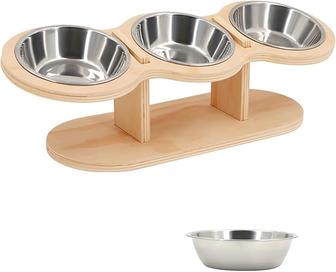 Triple Stainless Steel Pet Bowl with Elevated Wooden Stand, Food Water Feeder for Cats Puppies