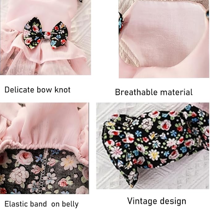 Vintage Floral Bowknot Sleeveless Romper for Small Dogs Cats Rabbits, Breathable Cotton Ruffle Flared Pants, Teacup to Small-Medium Pets for Walk Photo Vacation(Pink-Floral, X-Small)